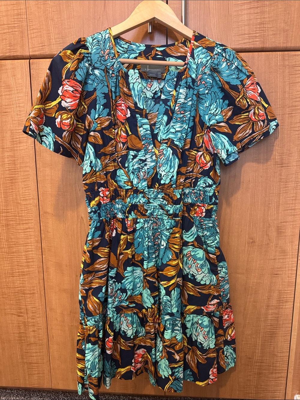 Anthropologie Teal Floral V-Neck Mini Dress with Mustard Accents
